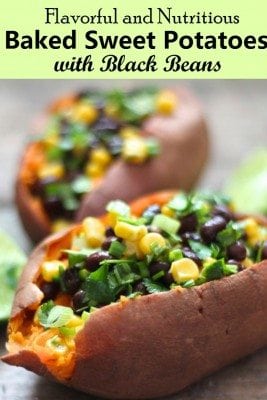 Baked sweet potatoes with black beans is rich in fiber and sweetness you cannot deny. A tasty, mouth-watering comfort food topped with sour cream and dash of cilantro to warm up those cold days.