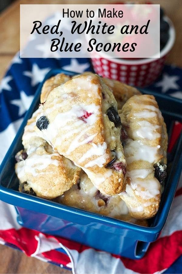 These red, white and blue scones are great picnic food as you watch the Fourth of July fireworks. They are delicious, easy to make and fun to share with.