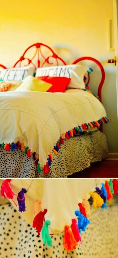 Add bright colors to your bedroom with DIY tassels on your bed cover.