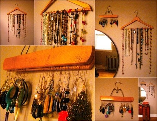 Transform old wooden hangers into functional jewelry organizer.