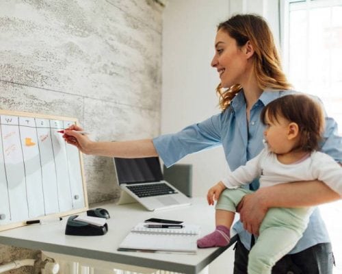 work from home mom writing on whiteboard