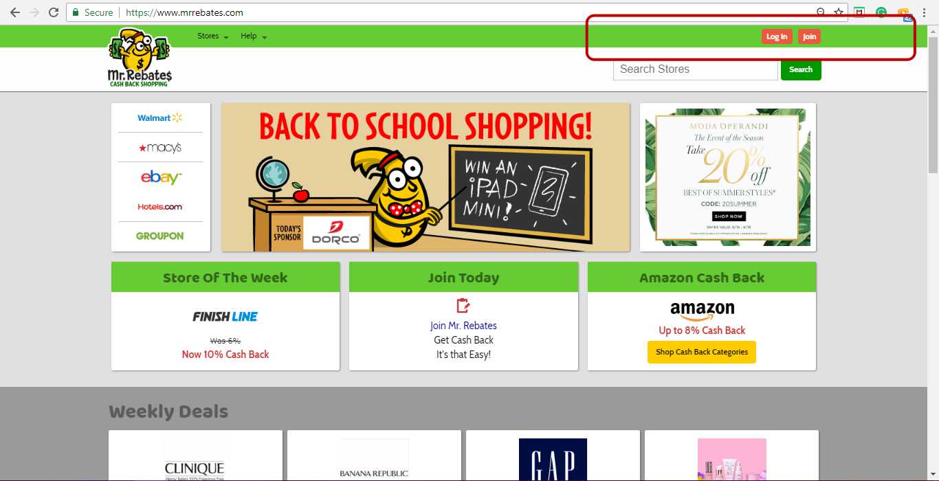Mr Rebates Login and Join Button