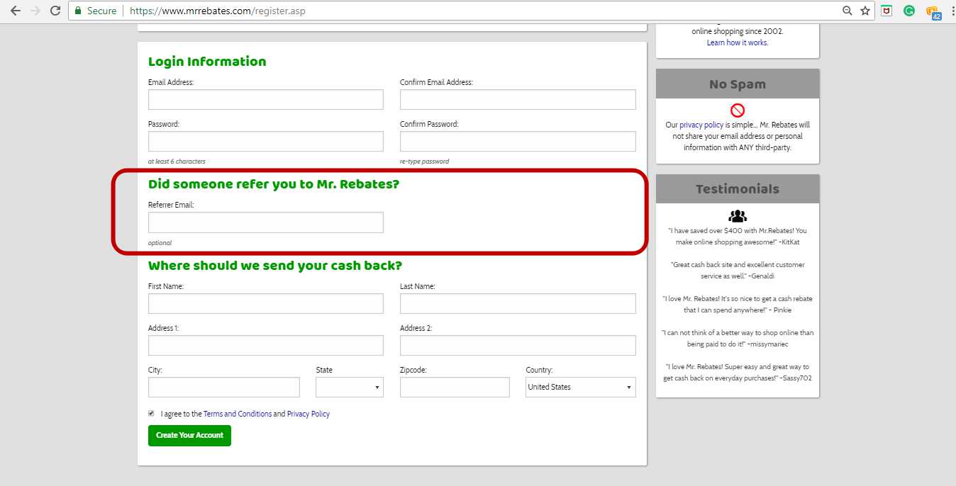 Mr Rebates registration page