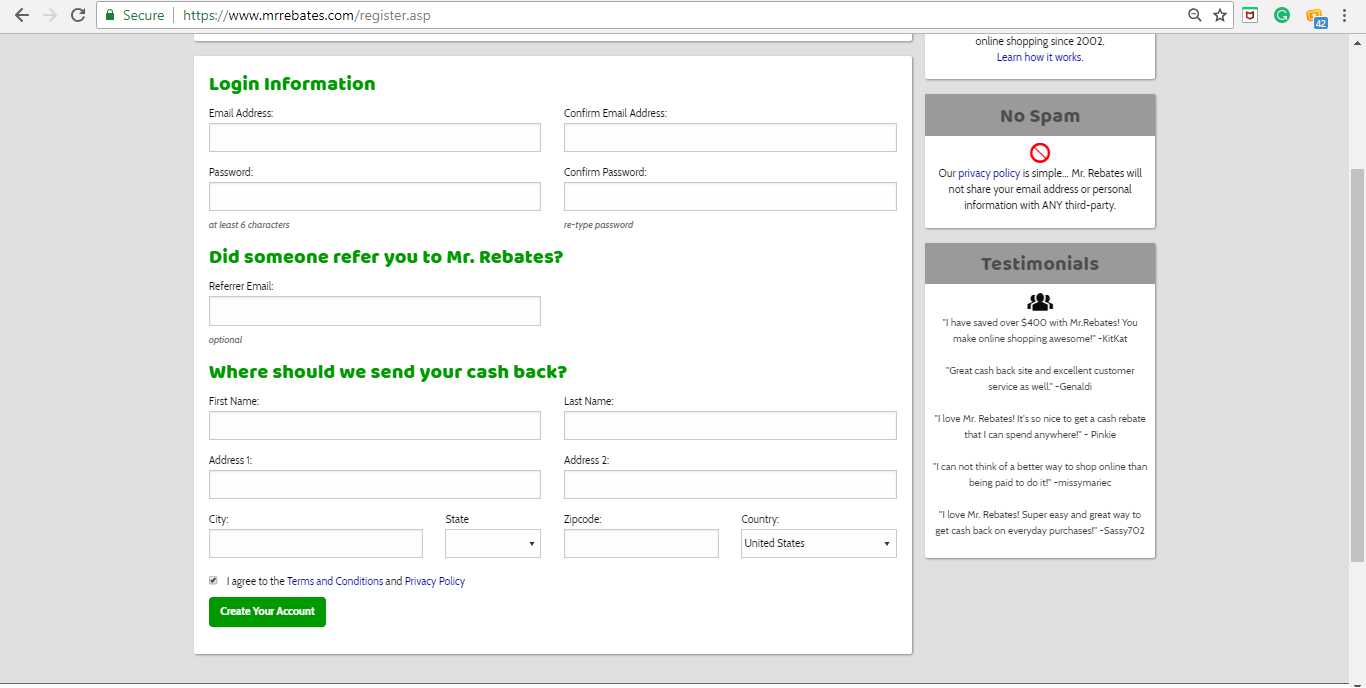 Mr Rebates registration page