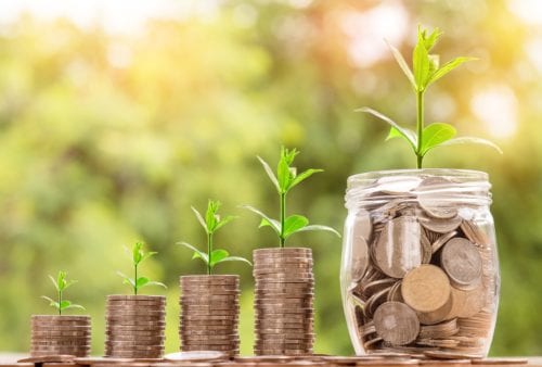 A stack of coins with plants sprouting out of their tops; investment and money growing