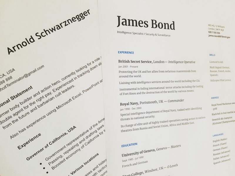 Sample resumes for James Bond and Arnold Schwarzenegger