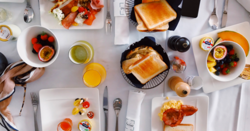 overhead shot of a breakfast table