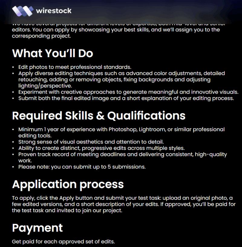 Wirestock job requirements